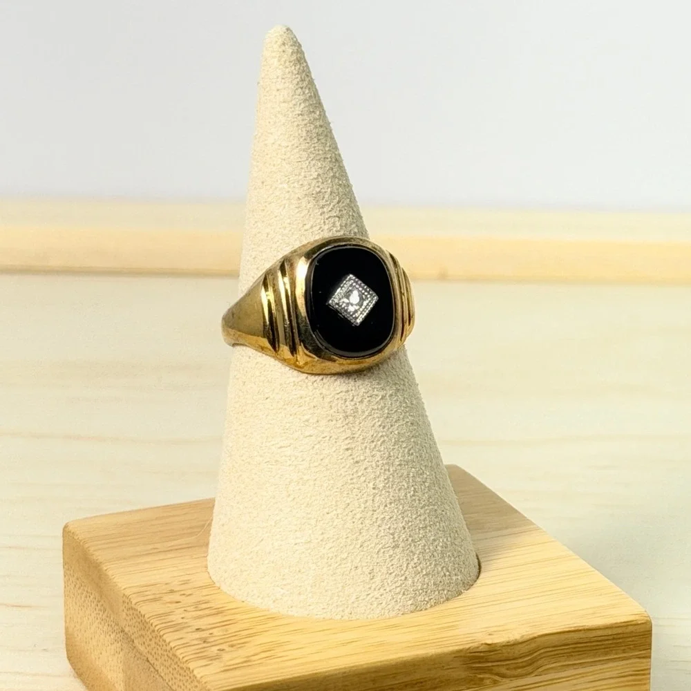 Vintage Classic Karatclad Black Onyx Diamond Signet Ring Heavy Gold EP Size 8